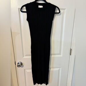 Pink Rose Black Ribbed Sheath Midi Dress